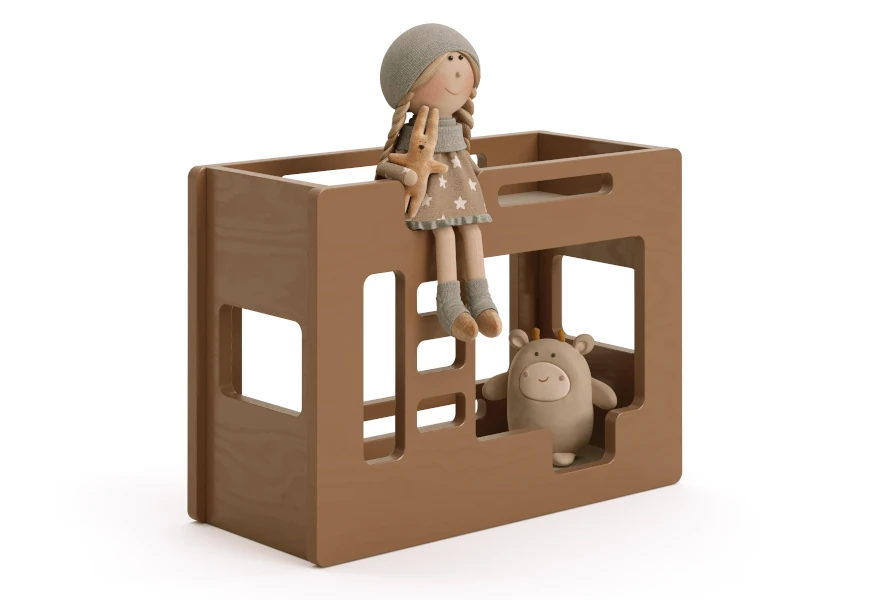 Drewniane łóżko piętrowe dla lalek wykonane ze sklejki sosnowej w kolorze czekoladowym